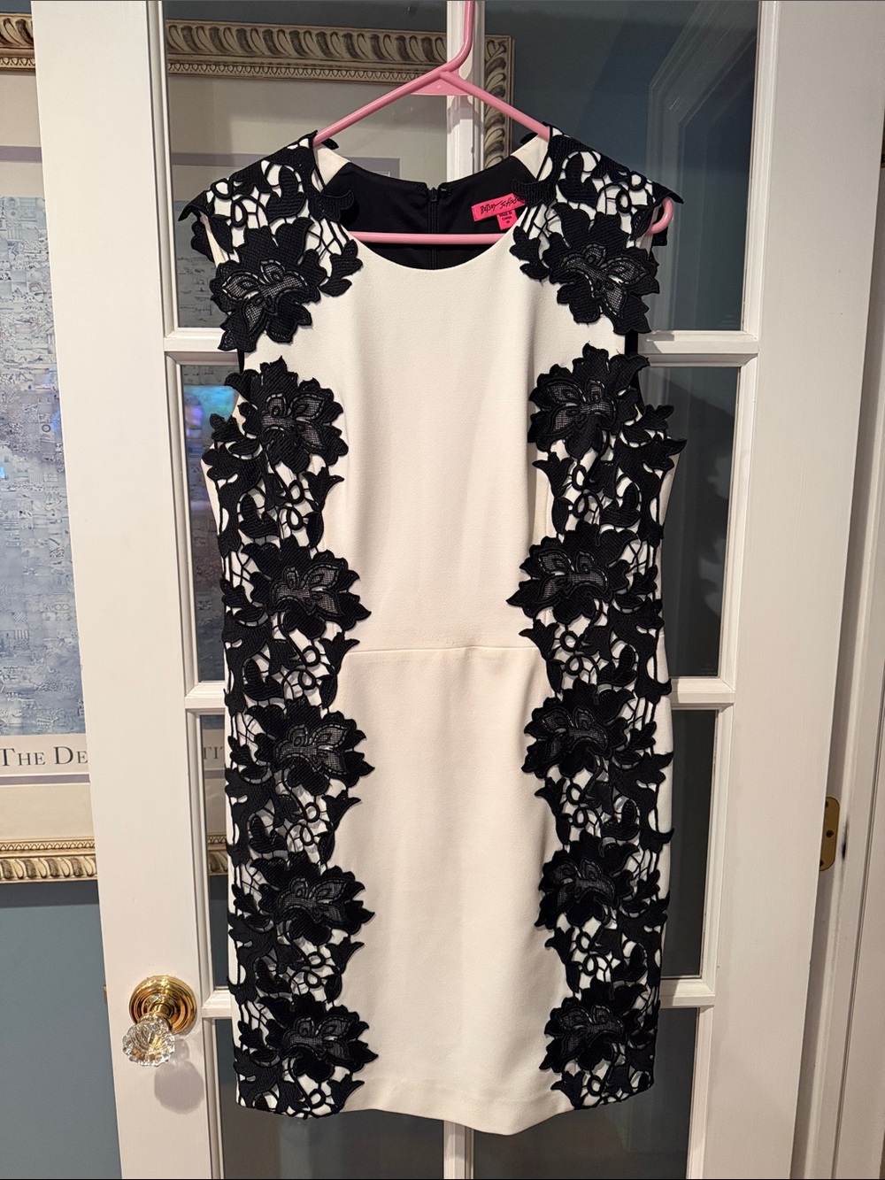 Betsey Johnson White Sheath Dress with Black Floral Lace Appliqué